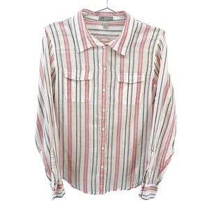 HORNY TOAD 100% Organic Cotton Striped Button Up Shirt • Medium • white, pink